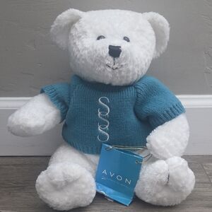 Avon White Teddy Bear with Blue Sweater